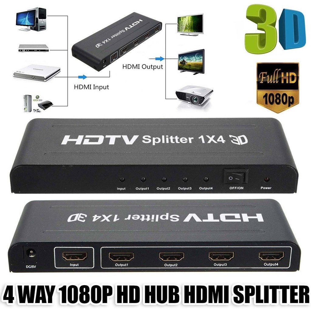 กล่องแยกสัญญาณ Splitter รุ่น HDMI 1 ออก 4 Full HD 1080P 3 D Verion 1.4 (Black)