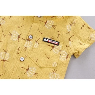 ชุดเด็กผู้ชาย 0-4ปี เสื้อเชิ้ตลายดอกไม้ กางเกงขาสั้น 2ชิ้น ผ้าคอตตอน ขายดี
