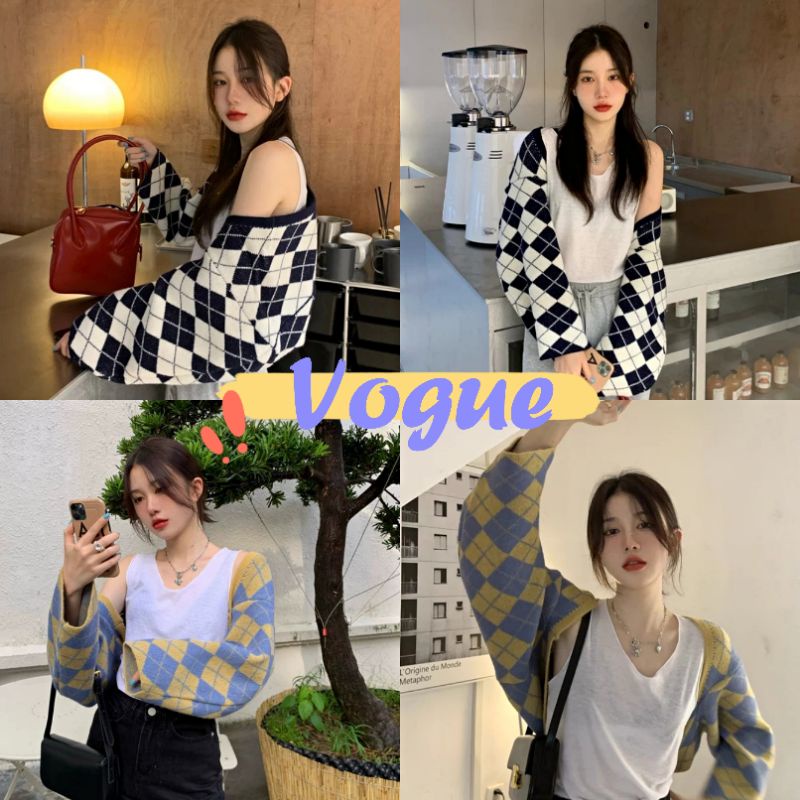 Vogue​🌟​พร้อมส่ง​🌟​เสื้อคลุมไหมพรม ลายตารางหมากรุก เสื้อคบุมครึ่งตัว (85039) -N