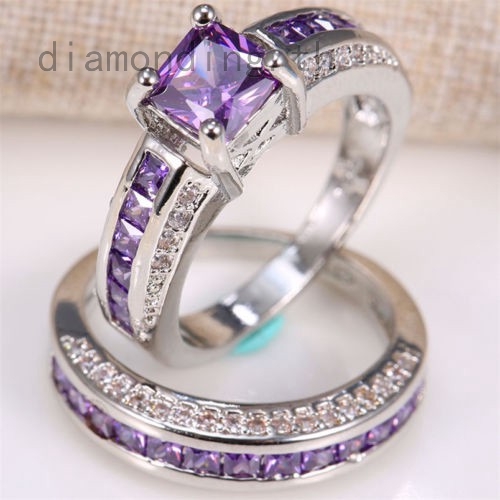 Fashion Women 925 Silver Plated Ring Purple Crystal Heart Love Band Sz 6-9