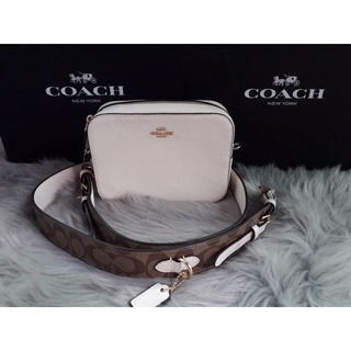 Coach สายหนังเก๋มากๆ MINI CAMERA BAG WITH SIGNATURE COATED CANVAS DETAIL GOLD CHALK