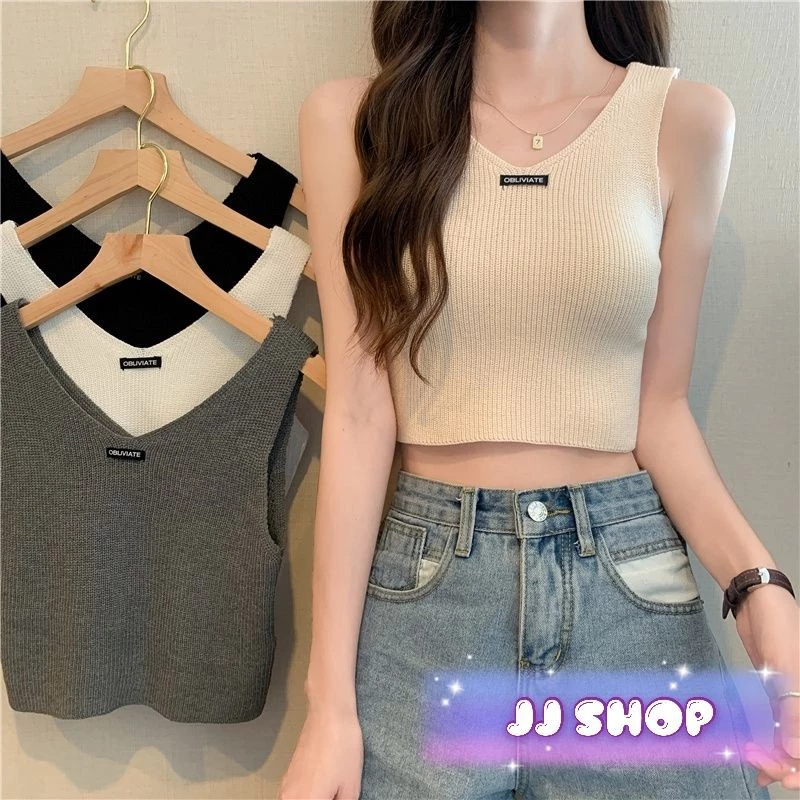 JJ Shop💜พร้อมส่ง เสื้อกล้ามไหมพรม​คอวีเก๋ๆ​ "9397"
