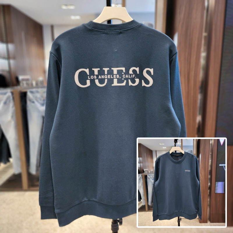GUESS เสื้อกันหนาวฤดูใบไม้ร่วงผู้ชายผู้หญิงสามเหลี่ยมป้ายพิมพ์ขนแกะซับหลวมเสื้อกันหนาว MM3K9447