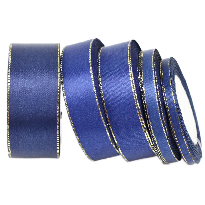 (25 หลา / ล็อต) ริบบิ้นซาติน ขอบทอง สีน้ําเงินเข้ม ริบบิ้นบรรจุภัณฑ์ ของขวัญ คุณภาพสูง