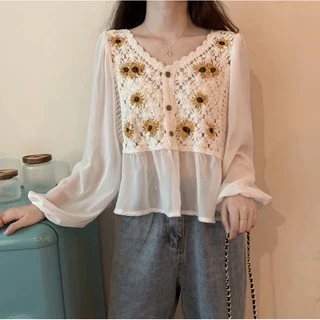 Cicishop(พร้อมส่ง)NEW IN เสื้อครอปผ้าถักงานปักดอกทานตะวันชายเสื้อซีทรูตะมุตะมิน่ารักมากๆ(A19/A199)