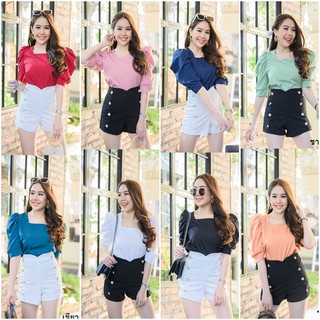 (พร้อมส่ง)เสื้อคอเหลี่ยม แขนสามส่วนผ้าไหมอิตาลี่ มี 7 สี (M4897)