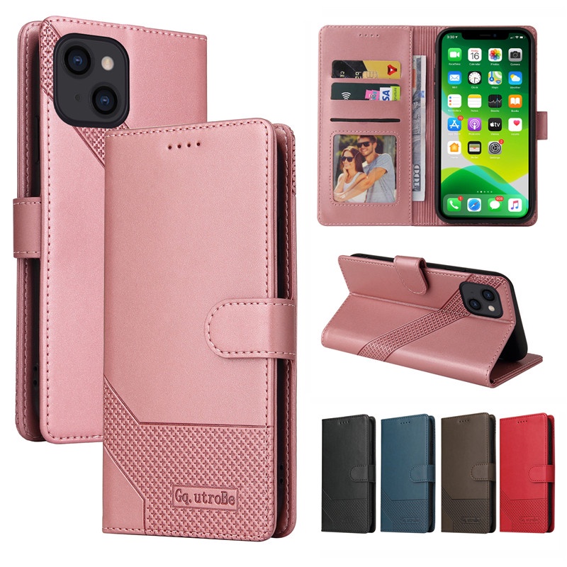 ใหม่ เคสโทรศัพท์มือถือหนัง ฝาพับ พร้อมช่องใส่บัตร สีโรสโกลด์ สําหรับ IPhone 14 13 12 Pro Max 13 Mini