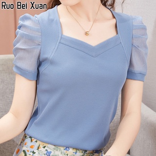 Ruo Bei Xuan เสื้อผู้หญิง ，เสื้อยืดผ้าไหมน้ำแข็งแขนสั้นผ้าพัฟฝรั่งเศสแบบใหม่สำหรับผู้หญิง เสื้อ