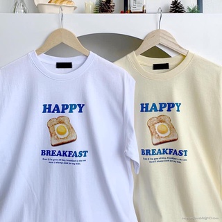 เสื้อยืดผ้าฝ้ายพิมพ์ลายคลาสสิก Morning MOST เสื้อยืด Oversize ลาย Happy Toast ผ้าหนา สกรีนคุณภาพ OVS ZO oversize SML