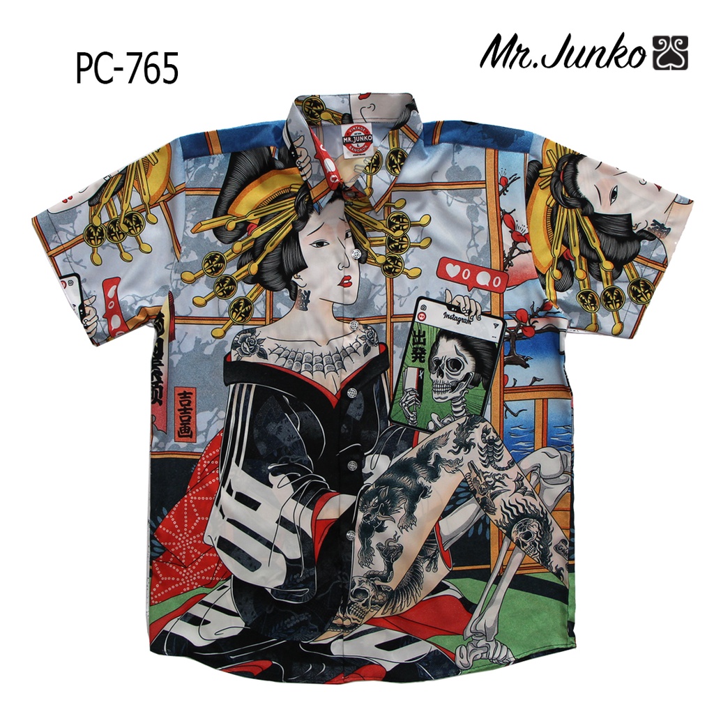 ⚡ ส่งฟรี⚡เสื้อเชิ้ตแขนสั้น งานต่อลาย Mr-Junko  ผ้าซาตินนิ่มใส่สบายไม่ร้อน PC-765
