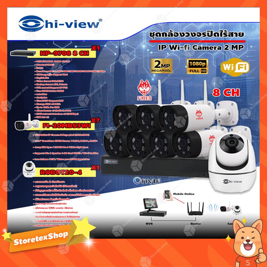 ชุดกล้องวงจรปิด Hi-view IP Wi-fi Camera 2MP รุ่น ROBOT20-4 (1ตัว) + FIRES รุ่น FI-30MB53WI 7ตัว) + N