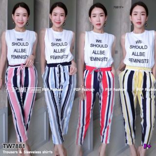 TW7881  Set 2 ชิ้น เสื้อกล้ามผ้าคอตตอนสกรีนตัวหนังสือ มาพร้อมกางเกงขายาวรอบเอวยืด