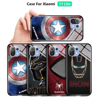 For Xiaomi 11 Lite 5G Marvel เคสโทรศัพท์ซูเปอร์ฮีโร่เคสกัปตันอเมริกาไอรอนแมนสไปเดอร์แมนกระจกเทมเปอร์ฝาหลังเคสโทรศัพท์ Cover