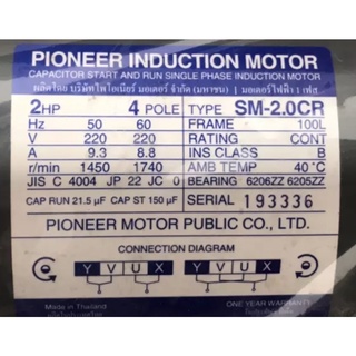 มอเตอร์ไฟฟ้า 2 แรงม้า 220V PIONEERI รุ่นSM-20.CR  220V 1 เฟส  รับประกัน 1ปี มอเตอร์ 2 HP 2 แรง ไพโอเนียร์ ไพโอเนีย