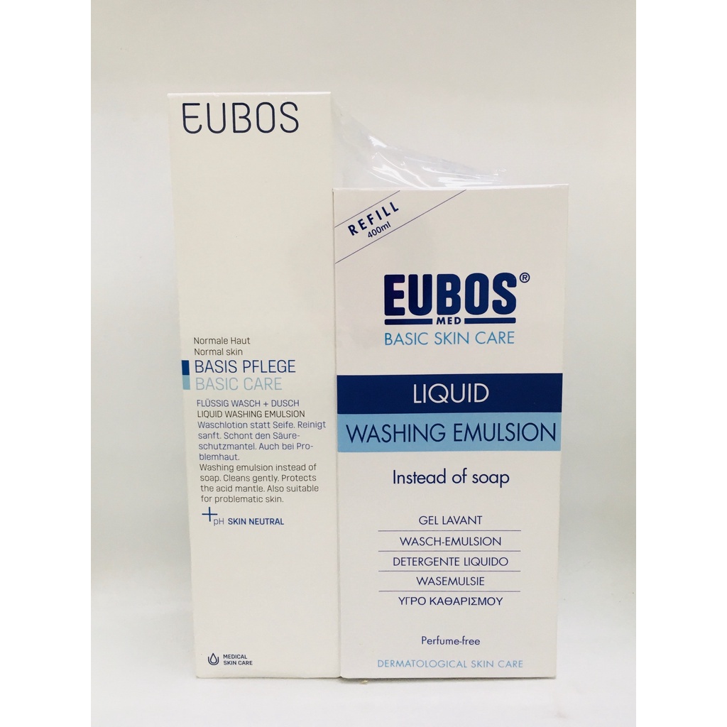 Eubos LIQUID ครีมอาบน้ํา กลิ่นอิมัลชั่น (สีฟ้า) - 400 มล. + 400 มล. เติม