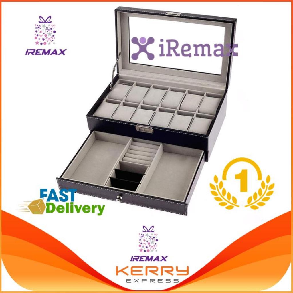 iRemax Leather Watch Box &amp; Jewelry Box : กล่อง 2 ชั้น สำหรับนาฬิกา 12 เรือน และเครื่องประดับ (สีดำ)Remax Leather Wat