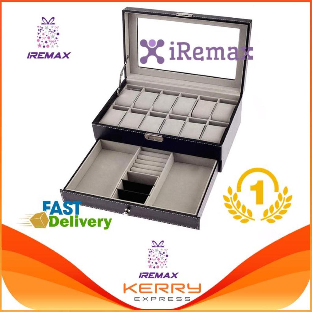 iRemax Leather Watch Box & Jewelry Box : กล่อง 2 ชั้น สำหรับนาฬิกา 12 เรือน และเครื่องประดับ (สีดำ)R