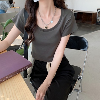 Suxi เสื้อครอปท็อปลําลอง คอกลม แขนสั้น เอวสูง สีพื้น เรียบง่าย แฟชั่นฤดูร้อน