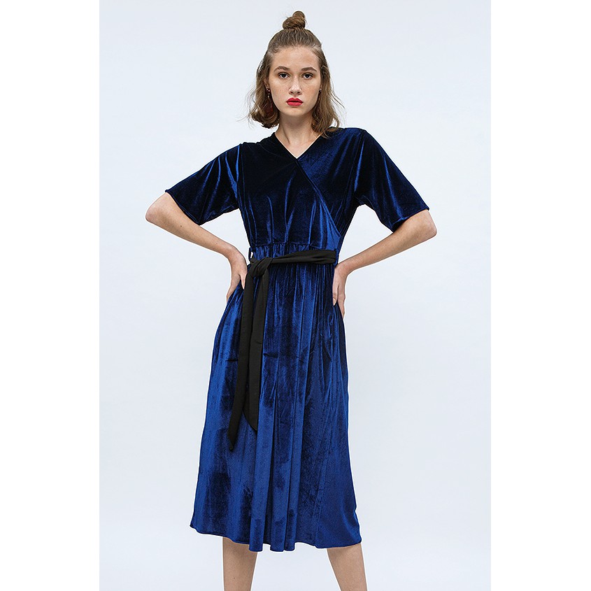 Cottonink - Navy Velvet Olwen Blue Midi Dress