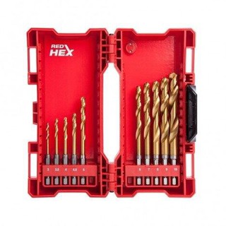 Milwaukee ชุดดอกสว่านก้านหกเหลี่ยม มิลวอคกี้ 10 ดอก/ชุด เจาะเหล็ก ไทเทเนียม Red Hex HSS-G Titanium