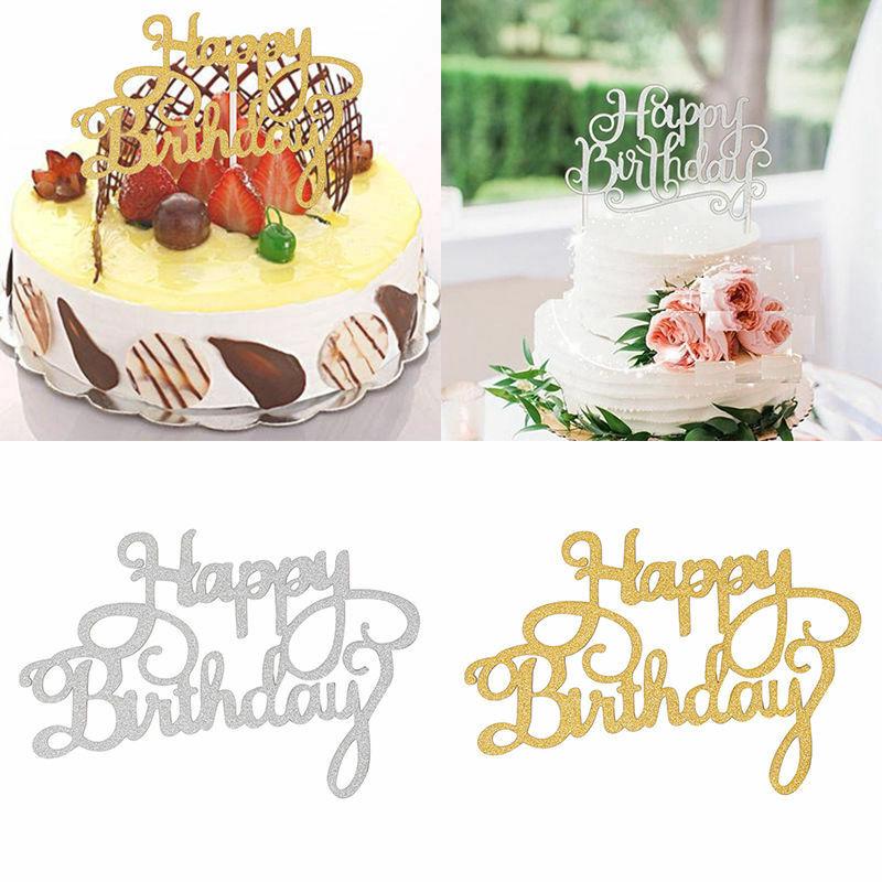 กระดาษลาย Happy Birthday สีเงินสำหรับตกแต่งเค้ก 2 ชิ้น