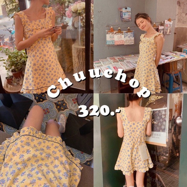 พร้อมส่งCynthia ชุดเดรสสั้นแขนกุด ลายดอกไม้ yellow dress