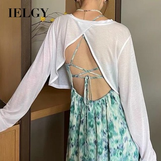 IELGY เสื้อยืดแขนยาว ผ้าเรยอน แบบบาง ทรงหลวม สีขาว กันแดด แฟชั่นฤดูร้อน สําหรับผู้หญิง