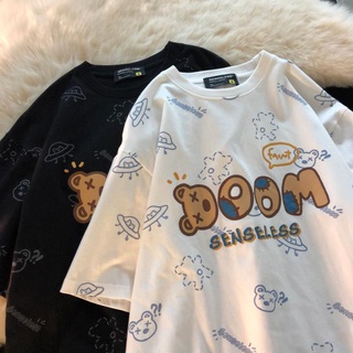 Summer New Full Print Bear Short-Sleeved T-Shirt Korean Style Loose Half-Sleeved Ins Couple Shirt for Female Students