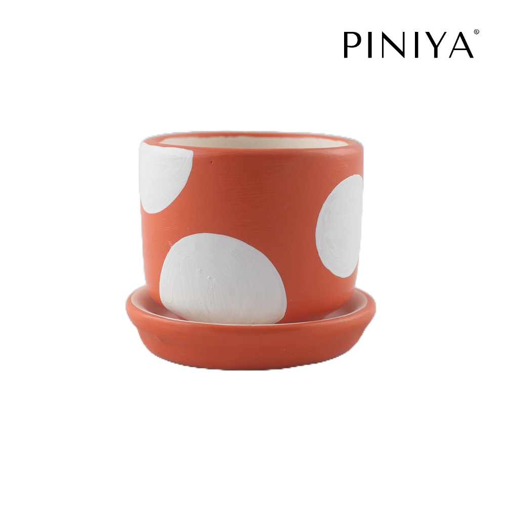 Piniya พินิยา - กระถางต้นไม้ ดินเผา รุ่น น่ารักเล็ก, 9ซม., ลายจุดขาว, สี Orange (ส้ม), พร้อมจานรอง