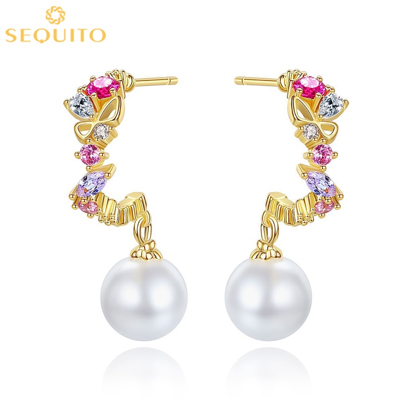 SEQUITO Vogue Gold Plated Jewellery การตั้งค่า Multicolor CZ Zircon คริสตัลขนาดเล็ก Dangle ต่างหูมุก