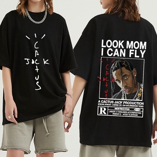 คอลูกเรือ【เลือกบูติก】เสื้อยืดผ้าฝ้าย 100% พิมพ์ลาย Travis Scott LOOK MOM I CAN FLY Cactus Jack สไตล์ฮิปฮอป ฮาราจูกุ สตรี