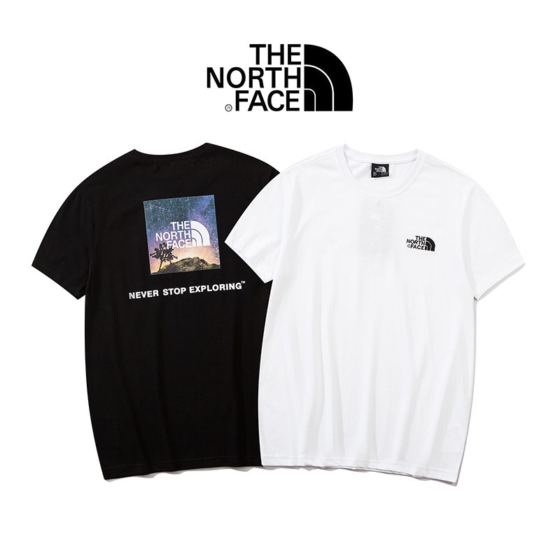 ☍◎THE NORTH FACE Cotton O-คอแขนสั้นเสื้อยืดผู้ชายผู้หญิง TNF Casual หลวมเรียบง่ายสีขาวสีดําภาพวาด