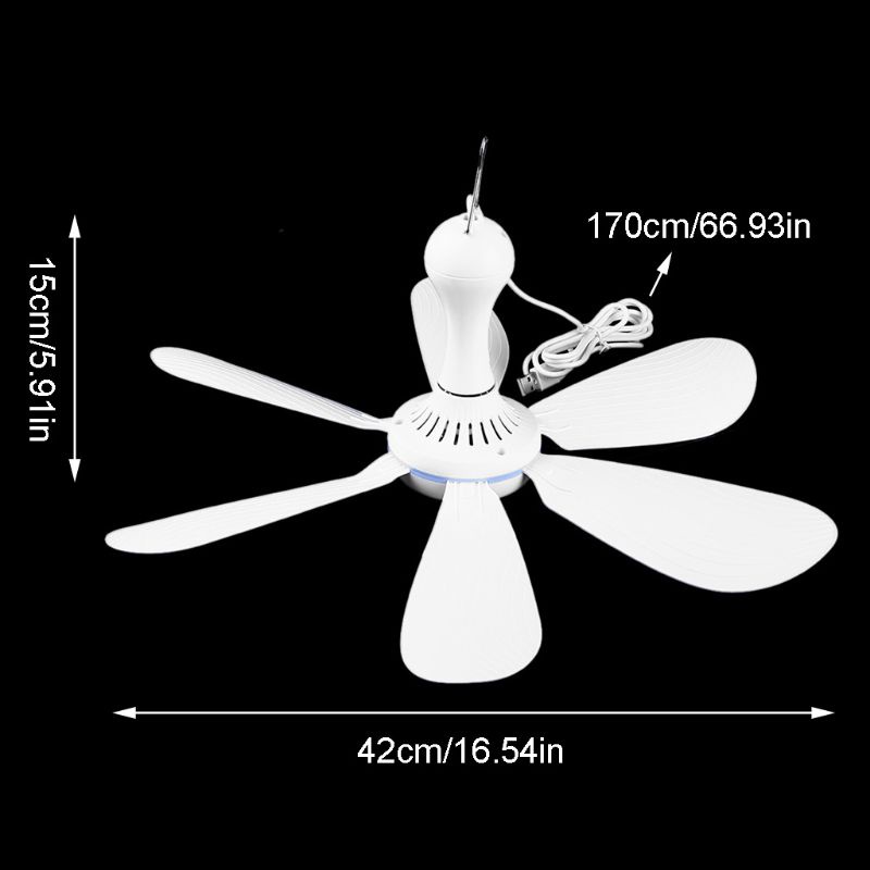 HSV 6 Leaves 5V USB Ceiling Fan Air Cooler USB Powered Hanging 16.5 inch Tent Hanger Fans for Camping Outdoor Dormitory Home Bed