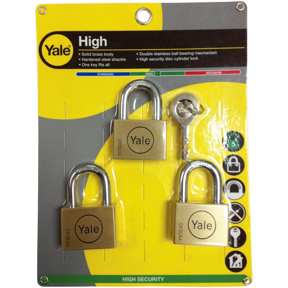 กุญแจคีย์อะไลท์ YALE BD45/3 45 มม. สีทองเหลือง 3 ตัว/ชุด PADLOCK KA YALE BD45/3 45MM 3EA/SET BRASS