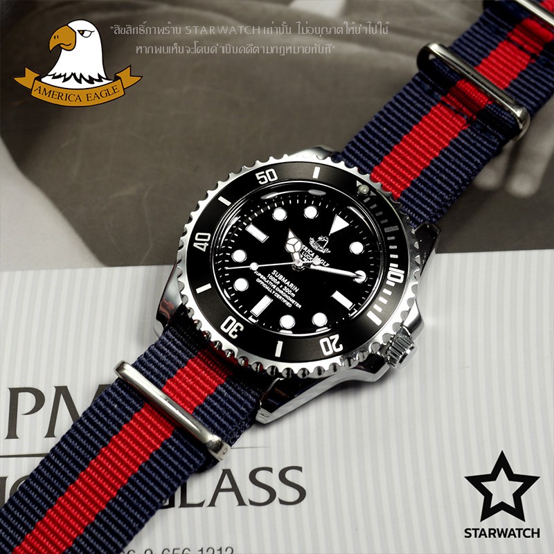 ☾◈AMERICA EAGLE นาฬิกาข้อมือผู้ชาย สายสแตนเลส รุ่น AE8008G – NAVYRED/BLACK