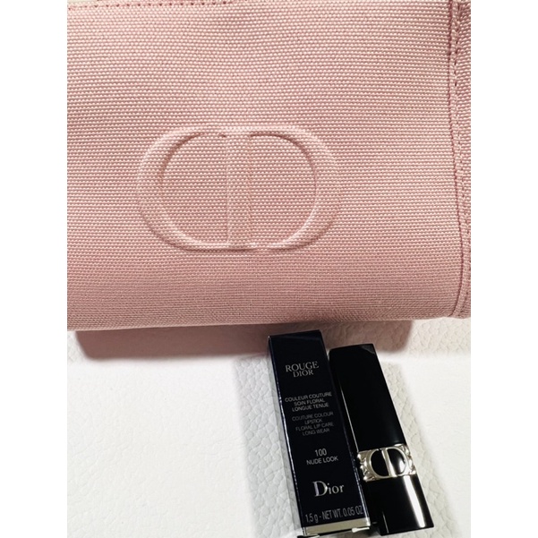 กระเป๋าเครื่องสำอางค์  Dior สีชมพู พร้อม Lipstick Rouge Dior 100 Nude Lock matte ขนาด 1.5g แท้💯