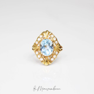 แหวนทองแท้ 90% พลอยฟ้า บลูโทแพซ Blue Topaz เพชร CZ ขายได้ จำนำได้ มีใบรับประกัน