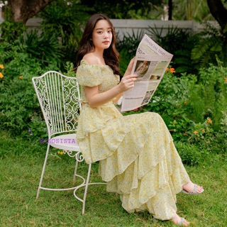 Aurora Blossom ชุดเซ็ทกระโปรงระบาย ผ้าชีฟองลายดอกสีเหลือง