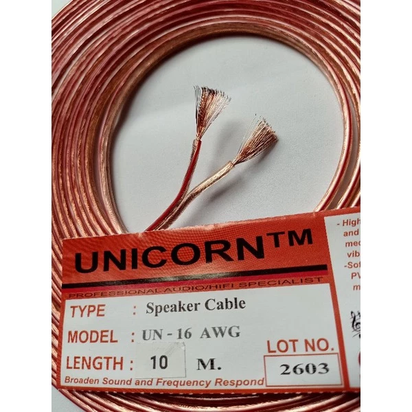 🔰 สายลำโพง UNICORN 16 awg เส้นใหญ่ ต่อ ซับ-กลาง-แหลม ( 1 ม้วน ยาว 10 เมตร )