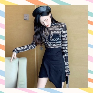 K2💝แฟชั่น เสื้อซีทรูคอสูงลายโซ่ แขนยาว (ไม่มีซับใน)