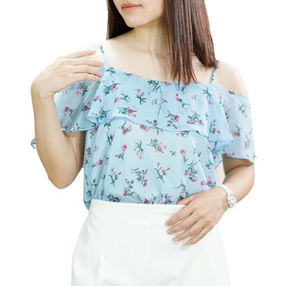 ZEIN เสื้อเบลาส์ เสื้อผู้หญิง สายเดี่ยว เปิดไหล่ ผ้าชีฟอง ลายดอกไม้ ZNPU1899