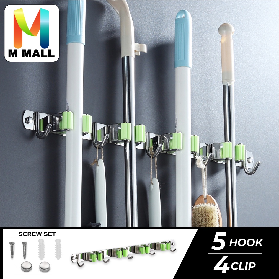 M MALL ที่วางไม้ถูพื้นสําหรับเก้าอี้เก้าอี้ล้อเลื่อนพร้อมคลิปหนีบ 5HOOKS 4 คลิป