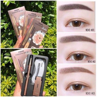 NOVO FASHION BROW Eyebrow โนโว ดินสอเขียนคิ้ว แบบหมุน แถมไส้ดินสอ + บล๊อกคิ้ว 3 ชิ้น พร้อมไส้ดินสอเปลี่ยน3แท่ง