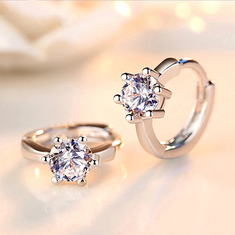 Sterling Silver Earrings, Six Claw Zircon Heart Round Stud Earrings, Korean Womens Sterling Silver Earrings