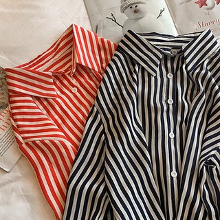 เสื้อลายทาง แขนยาว สไตล์เกาหลี Size M , L , XL ผ้าCotton