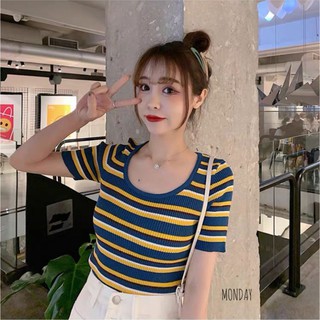 เสื้อไหมพรมแขนสั้น ลายริ้วสุดฮอต ใส่สบาย ผ้ายืดตามตัว สีสดใส
