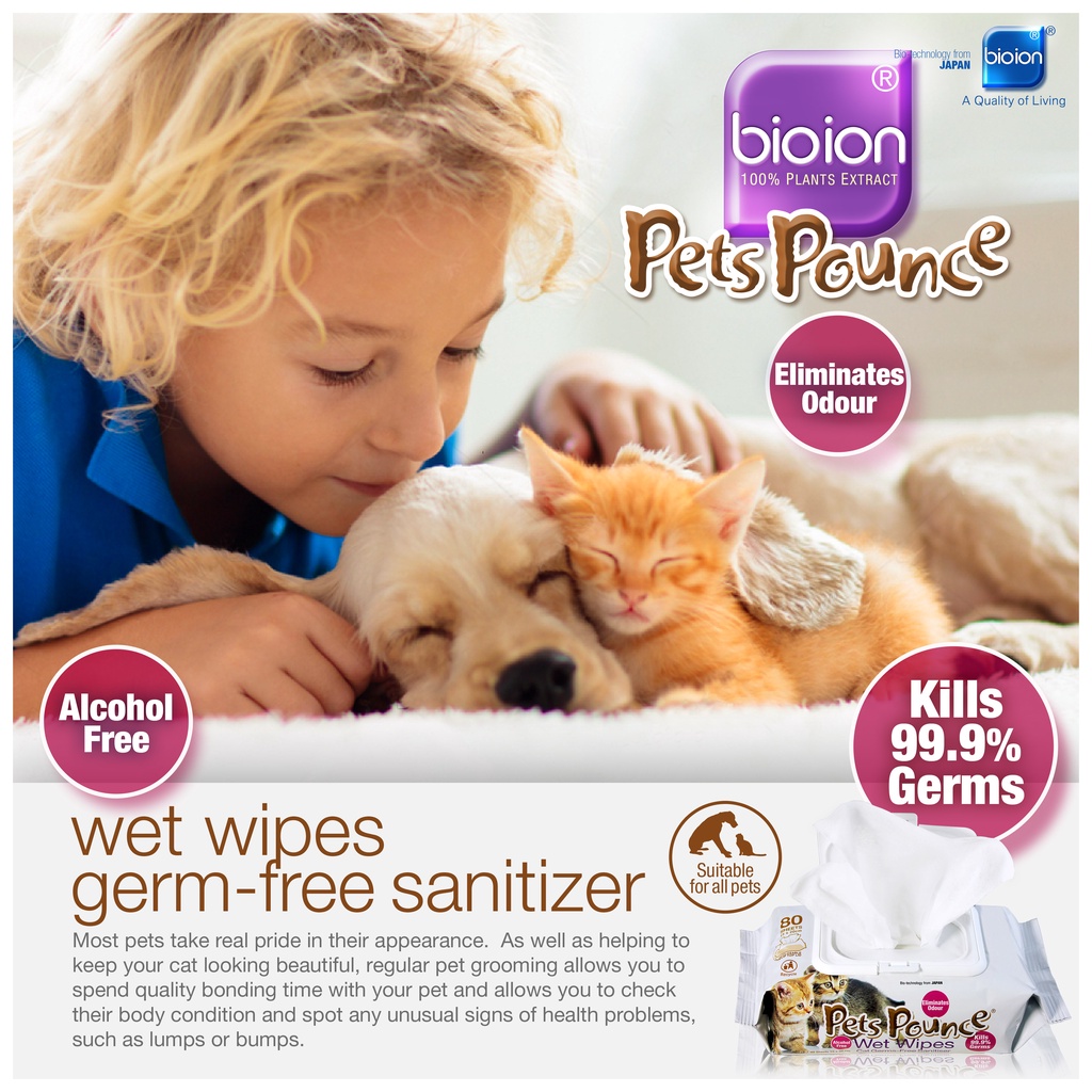 Bioion Pets Pouch ผ้าเช็ดทําความสะอาดเปียกสําหรับแมว/สุนัข/สัตว์เลี้ยงทั้งหมด 80 ชิ้น/pkt