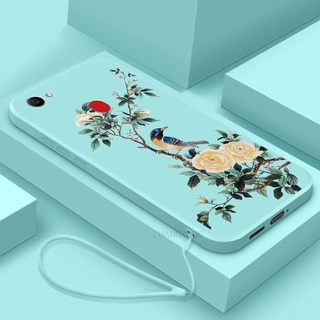 เคสโทรศัพท์มือถือ TPU นิ่ม ขอบตรง ลายดอกไม้ และนก พร้อมสายคล้อง สําหรับ oppo f7 f5