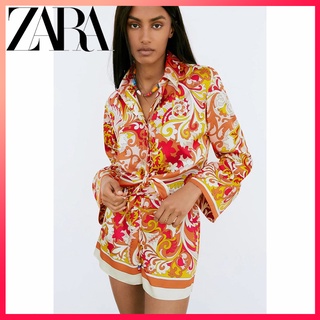 Zara ใหม่ เสื้อเชิ้ตแขนยาว พิมพ์ลายโบว์ และกางเกงขาสั้น เอวยางยืด แฟชั่นฤดูร้อน