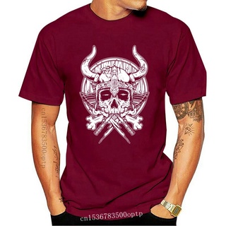 เสื้อยืดผ้าฝ้ายพิมพ์ลายขายดี เสื้อยืดลําลอง แขนสั้น พิมพ์ลาย Vikings Skull Skeleton Ragnar Lodbrok Valhalla Shieldmaiden